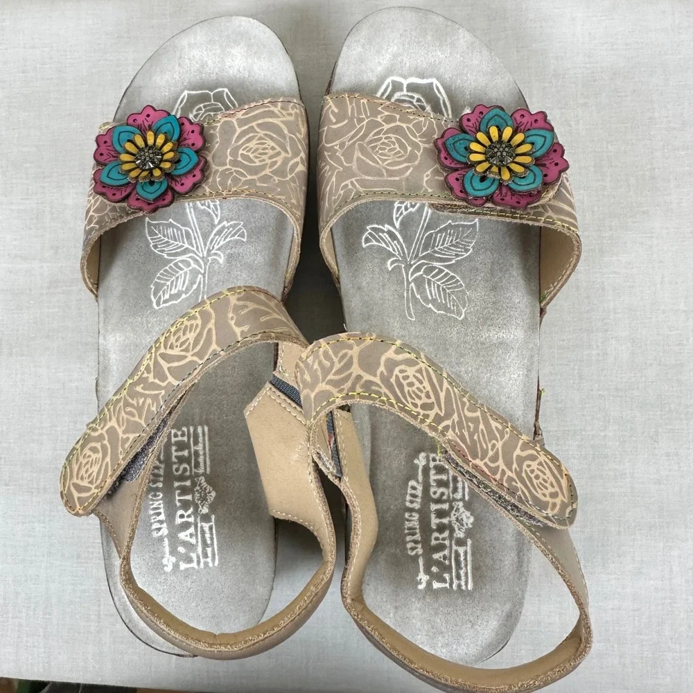 Spring Step L'Artiste Women's 42 Wedge Sandals Taupe Floral Boho Cottage NEW